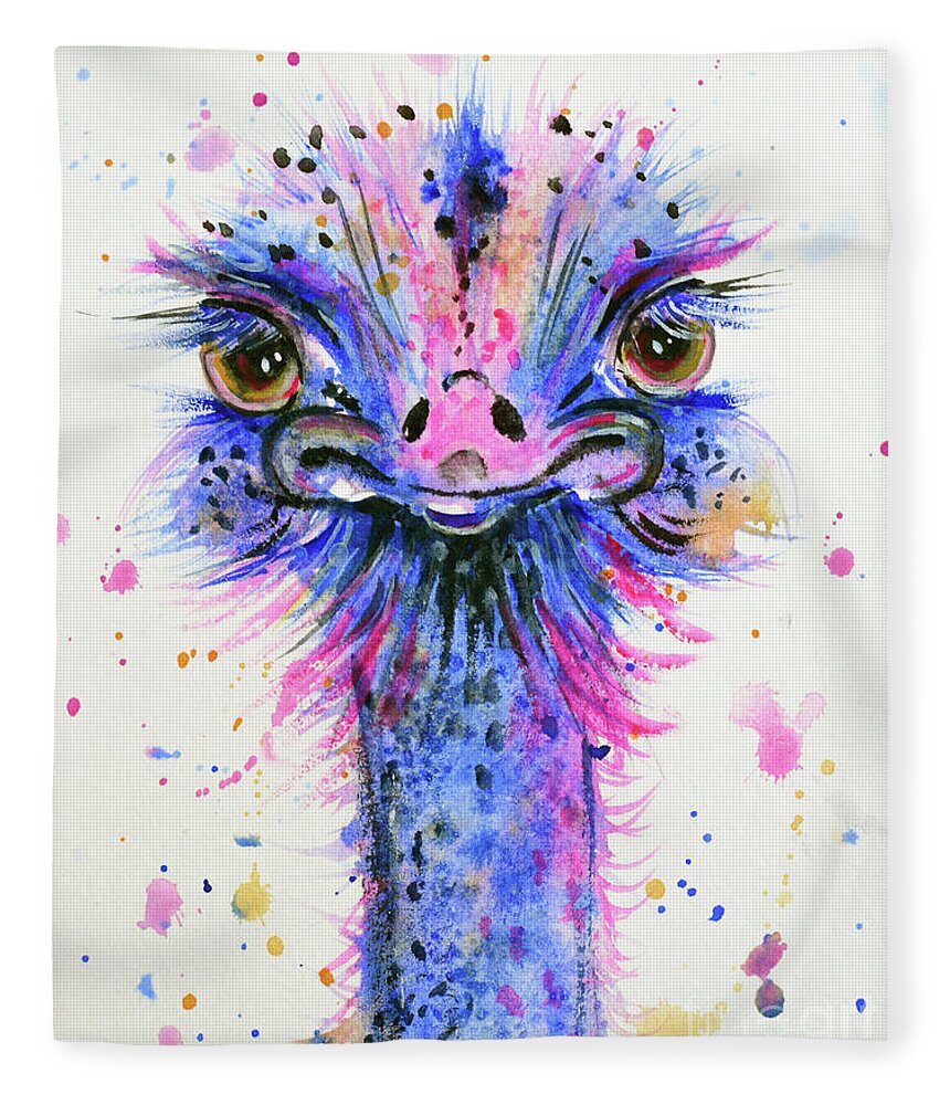 Ostrich Fleece Blanket featuring the painting Cute Ostrich by Zaira Dzhaubaeva