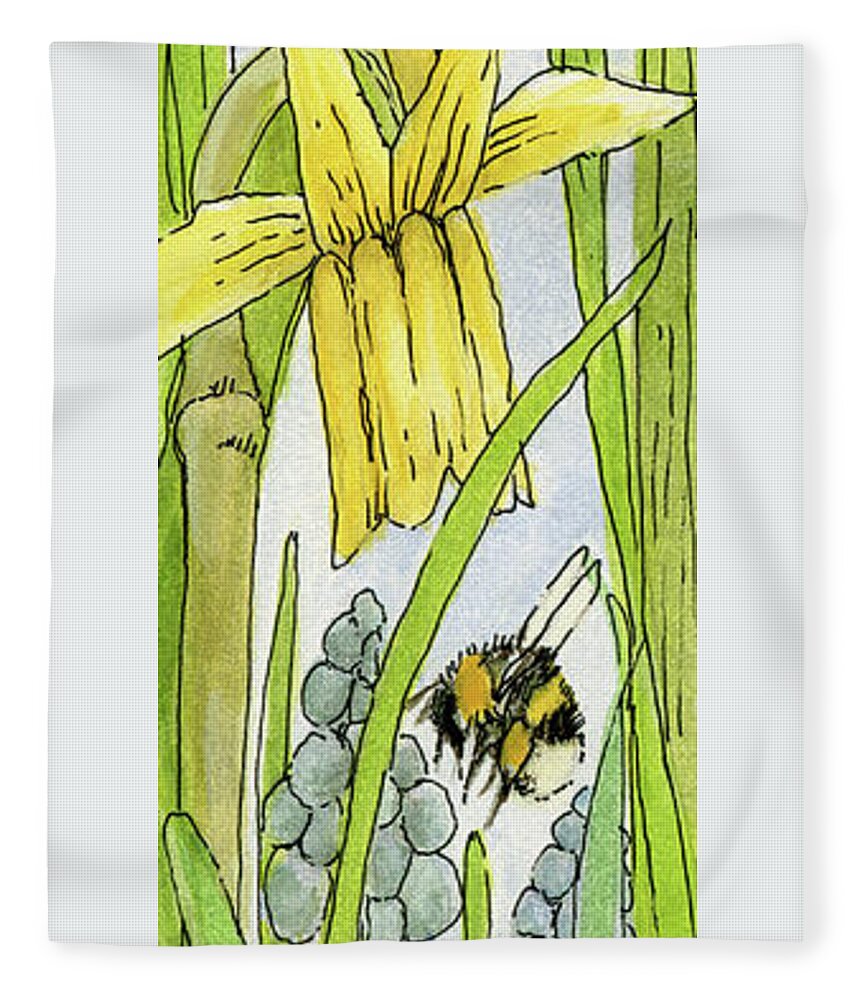 Daffodils Fleece Blanket featuring the painting Daffodils and Bees by Laurie Rohner