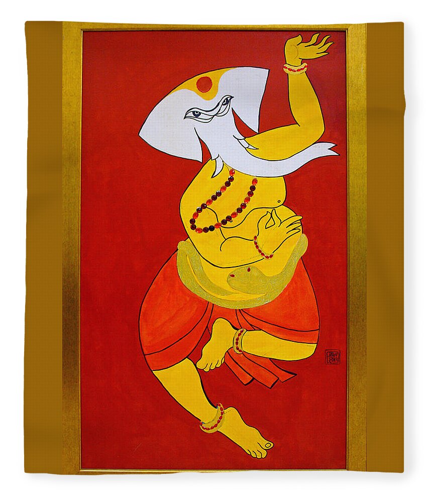 Ganesha Fleece Blanket featuring the painting Dancing Ganesha by Guruji Aruneshvar Paris Art Curator Katrin Suter