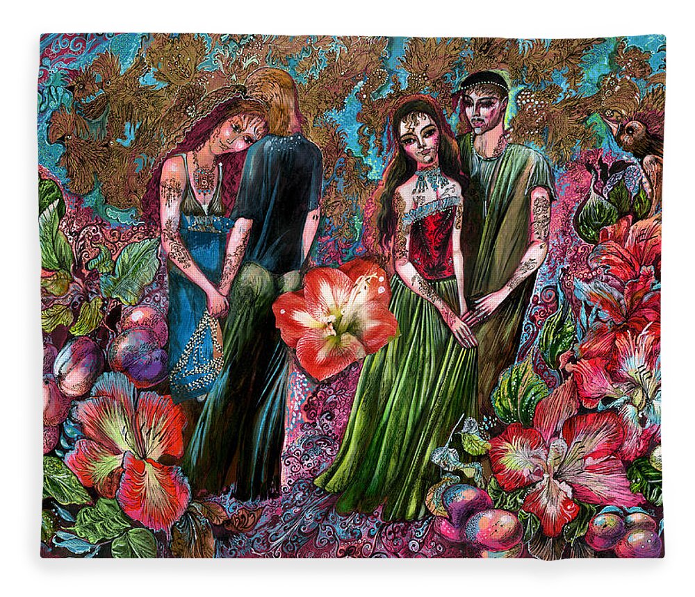 Russian Artists New Wave Fleece Blanket featuring the painting Dating in Flower Valley by Maya Gusarina