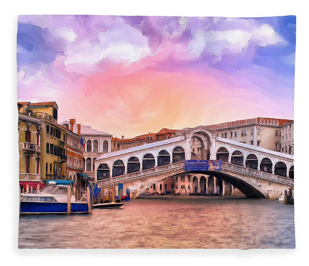 Dawn Fleece Blanket featuring the painting Dawn Light at Rialto Bridge by Dominic Piperata