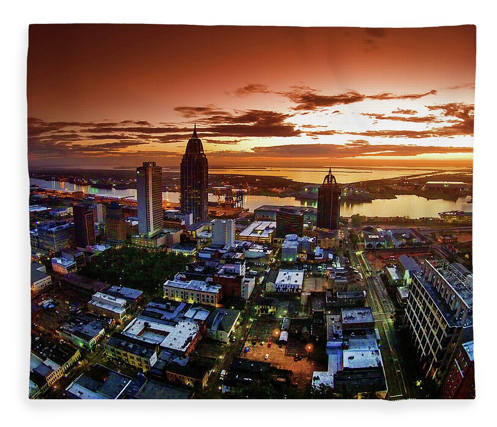 Mobile Fleece Blanket featuring the painting Dawn Over Mobile Alabama Orange Sky by Michael Thomas