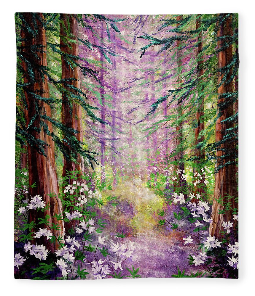California Fleece Blanket featuring the painting Daybreak in Springtime Redwood Trees by Laura Iverson