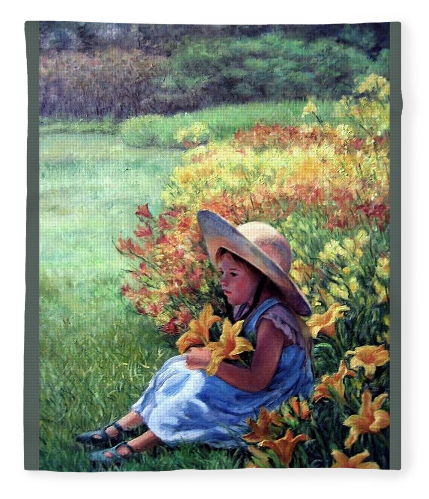 Daylilies Fleece Blanket featuring the painting Daylilies by Marie Witte