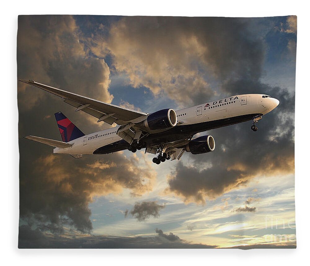 Delta Airlines Fleece Blanket featuring the digital art Delta Air Lines Boeing 777-200LR by Airpower Art