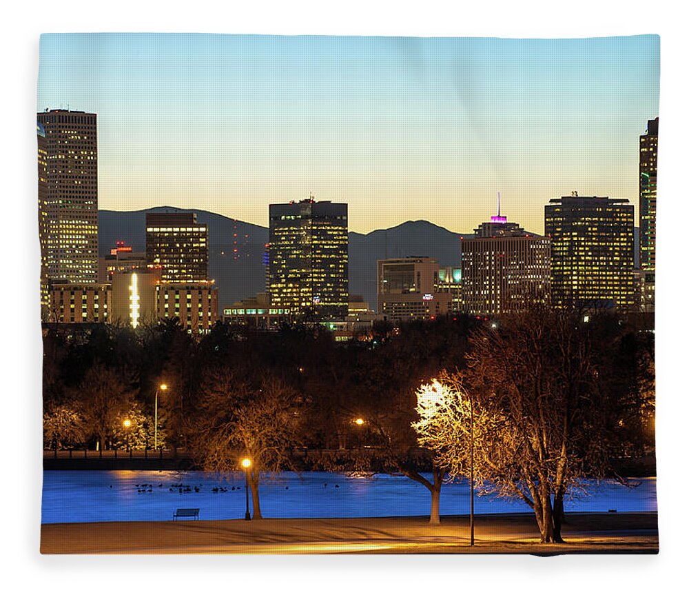 America Fleece Blanket featuring the photograph Denver Skyline - City Park View - Cool Blue by Gregory Ballos