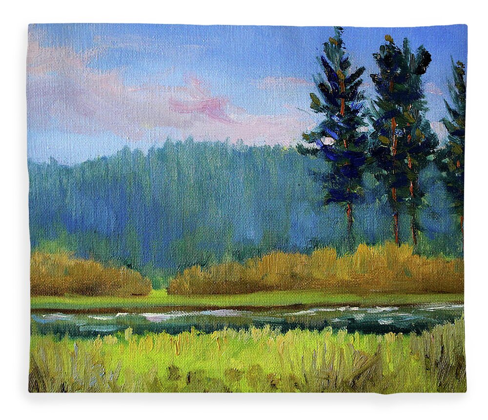 Oregon Landscape Painting Fleece Blanket featuring the painting Deschutes River Edge by Nancy Merkle