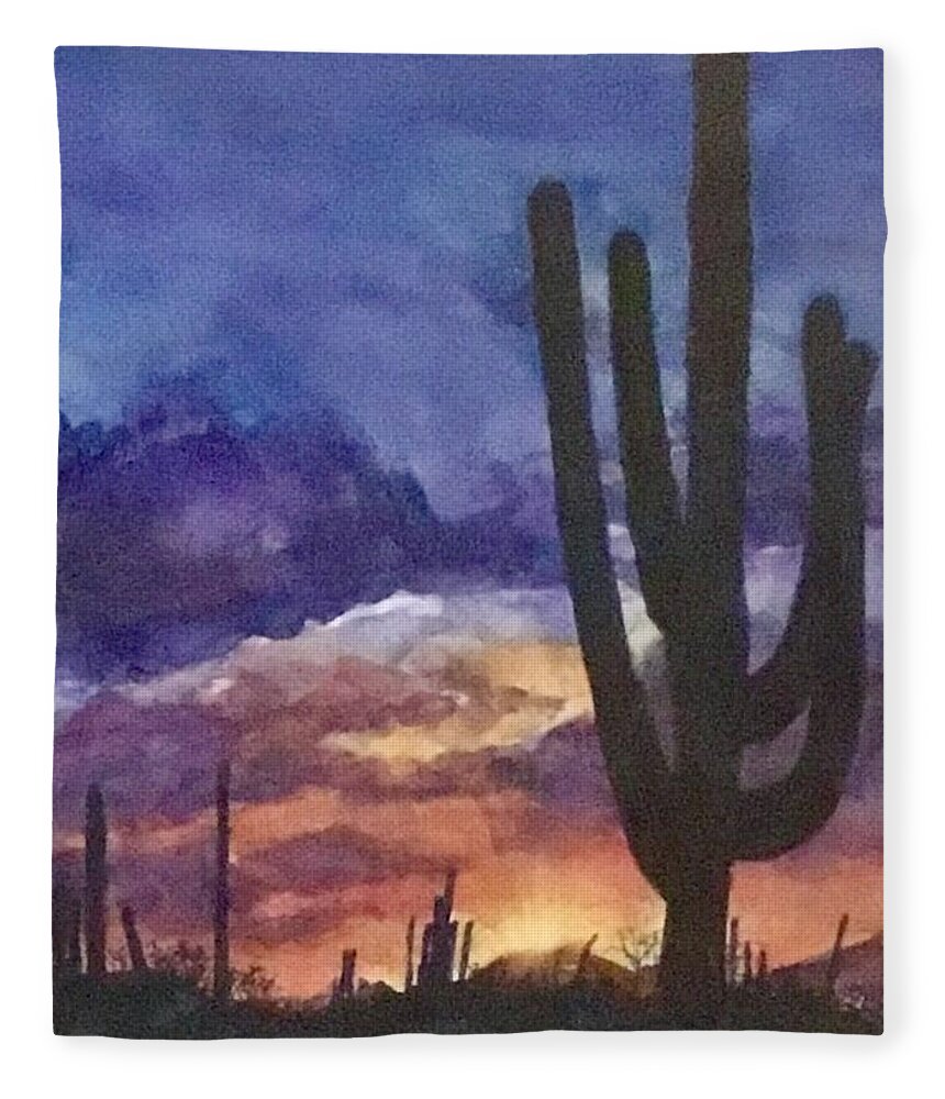 Arizona Fleece Blanket featuring the painting Desert at Dusk by Cheryl Wallace