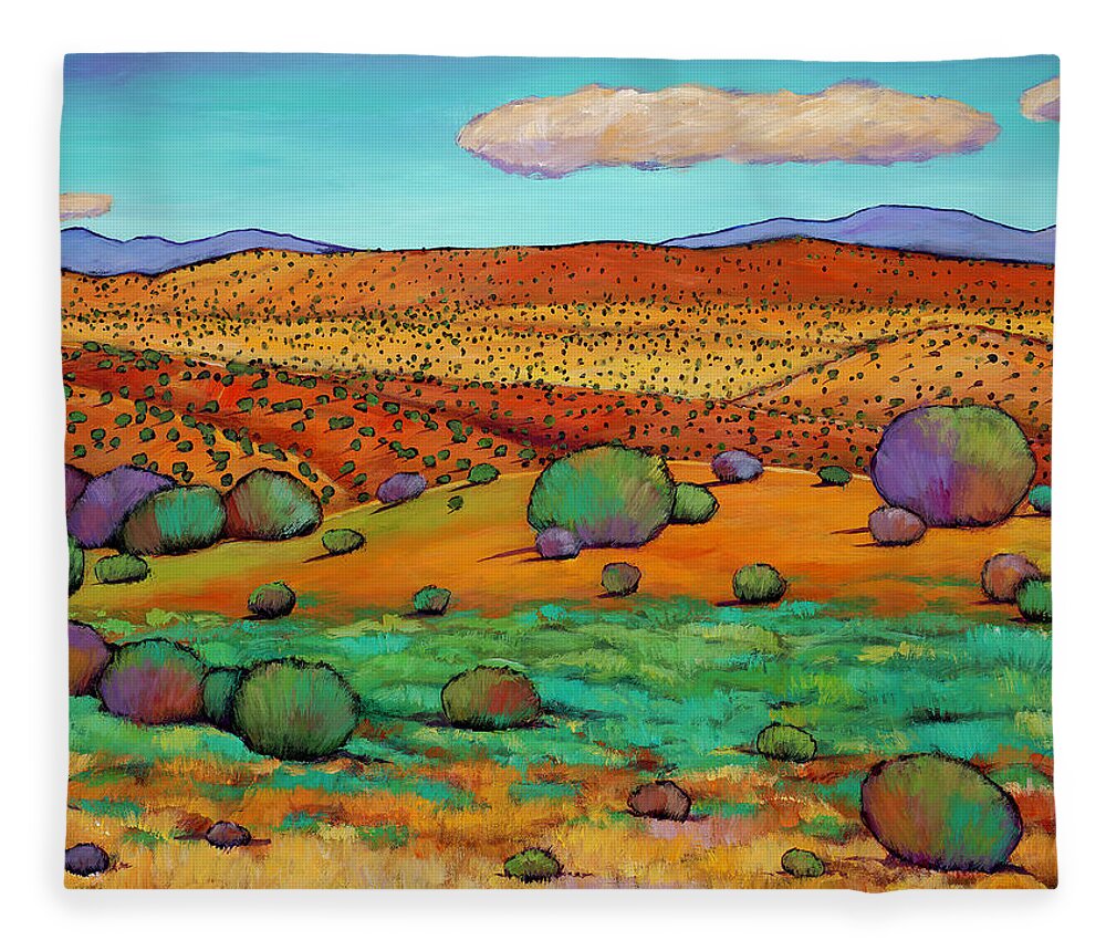New Mexico Desert Landscape Southwestern Desert Cactus Sagebrush Cactus Vibrant Colors Blue Skies Clear Sky Western Santa Fe New Mexico Albuquerque Rocky Mountains Desert Taos Sage Contemporary Sangre De Cristo Modern Mountains Vibrant Bright Cheerful Juniper New Mexico Expressive Color Southwest Landscape Art Rocky Mountainsorange Yellowexpressiveartcontemporary Artmodernghost Ranchhigh Desert Art Colorful Art Puffy Clouds Rolling Hills Distant Desert Fleece Blanket featuring the painting Desert Day by Johnathan Harris