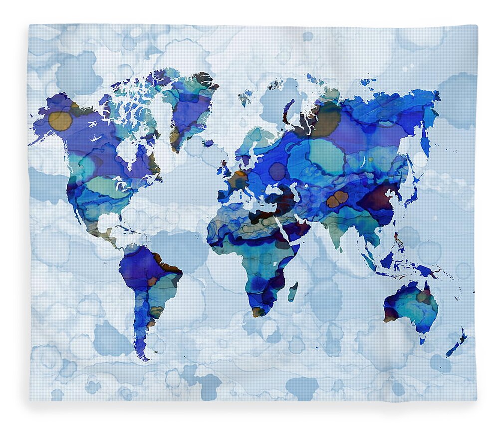 World Fleece Blanket featuring the mixed media Design 105 world map by Lucie Dumas