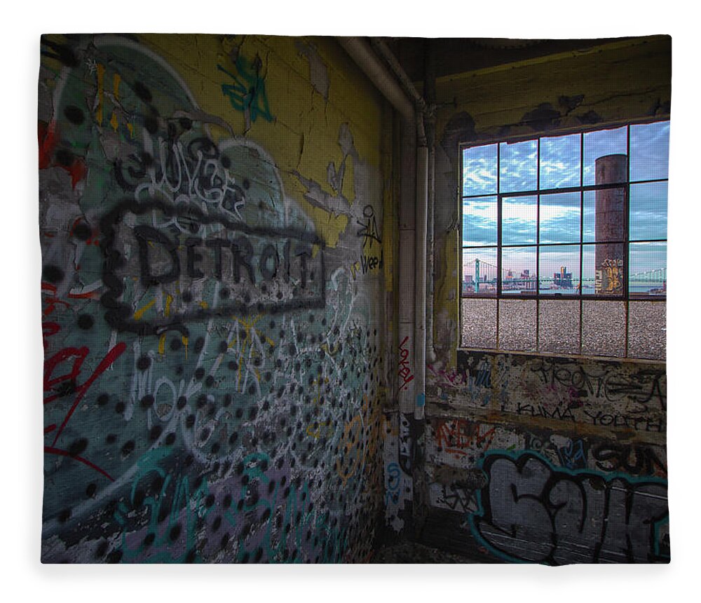 Urbex Fleece Blanket featuring the photograph Detroit skyline through the Harbor Terminal... by Jay Smith