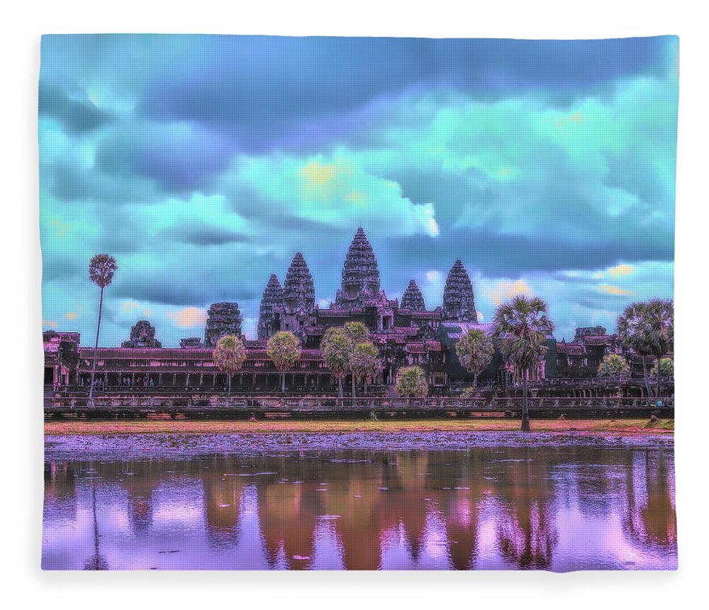 Angkor Wat Fleece Blanket featuring the photograph Digital Art Cambodia Angkor Wat by Chuck Kuhn