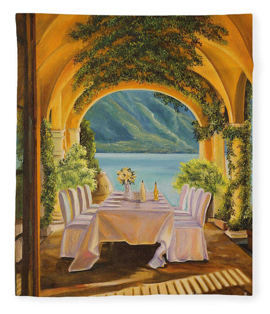 Lake Como Artwork Fleece Blanket featuring the painting Dining on Lake Como by Charlotte Blanchard