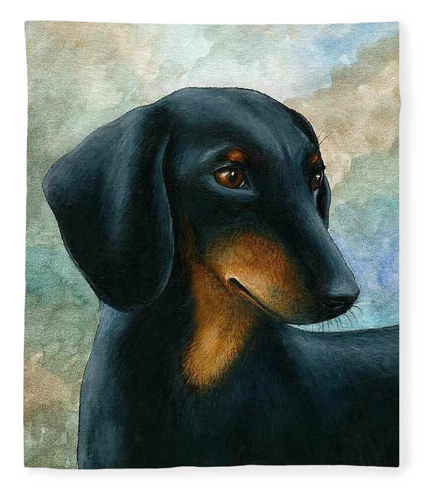 Dog Fleece Blanket featuring the painting Dog 90 Dachshund by Lucie Dumas