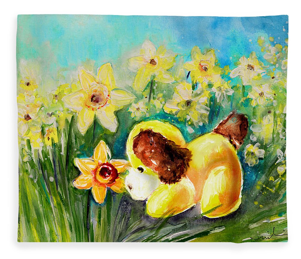 Animals Fleece Blanket featuring the painting Doggy Daffodil by Miki De Goodaboom