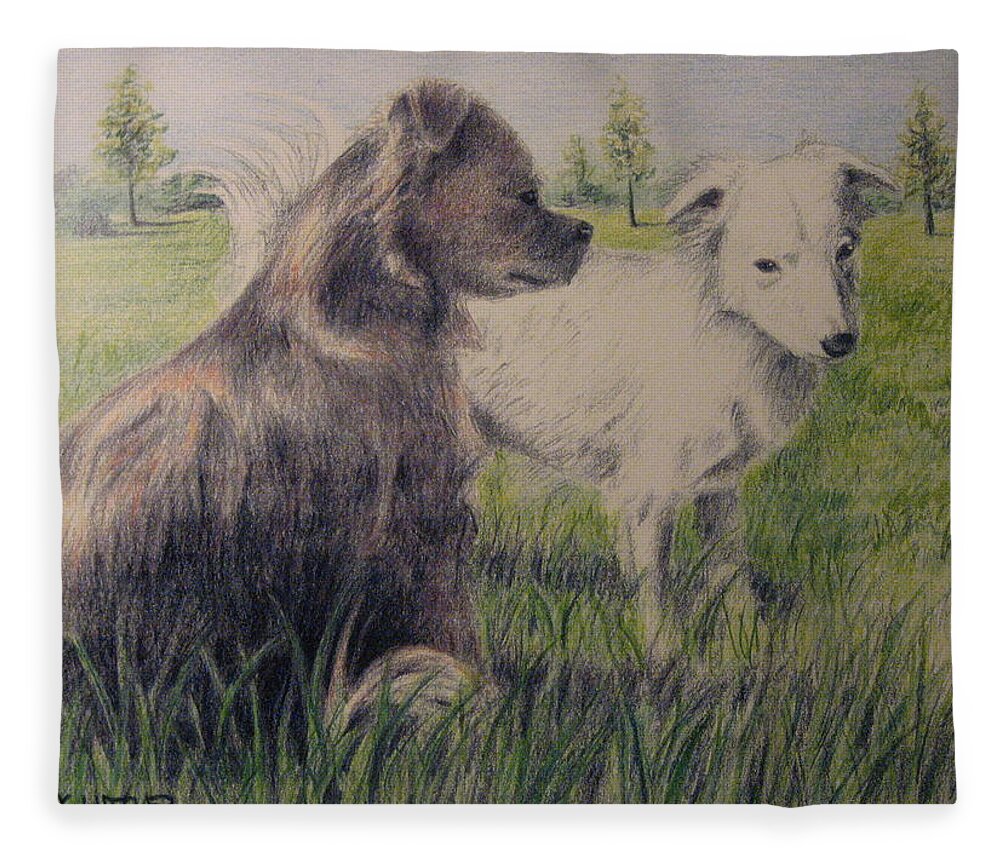 Dogs Fleece Blanket featuring the drawing Dogs In A Field by Larry Whitler