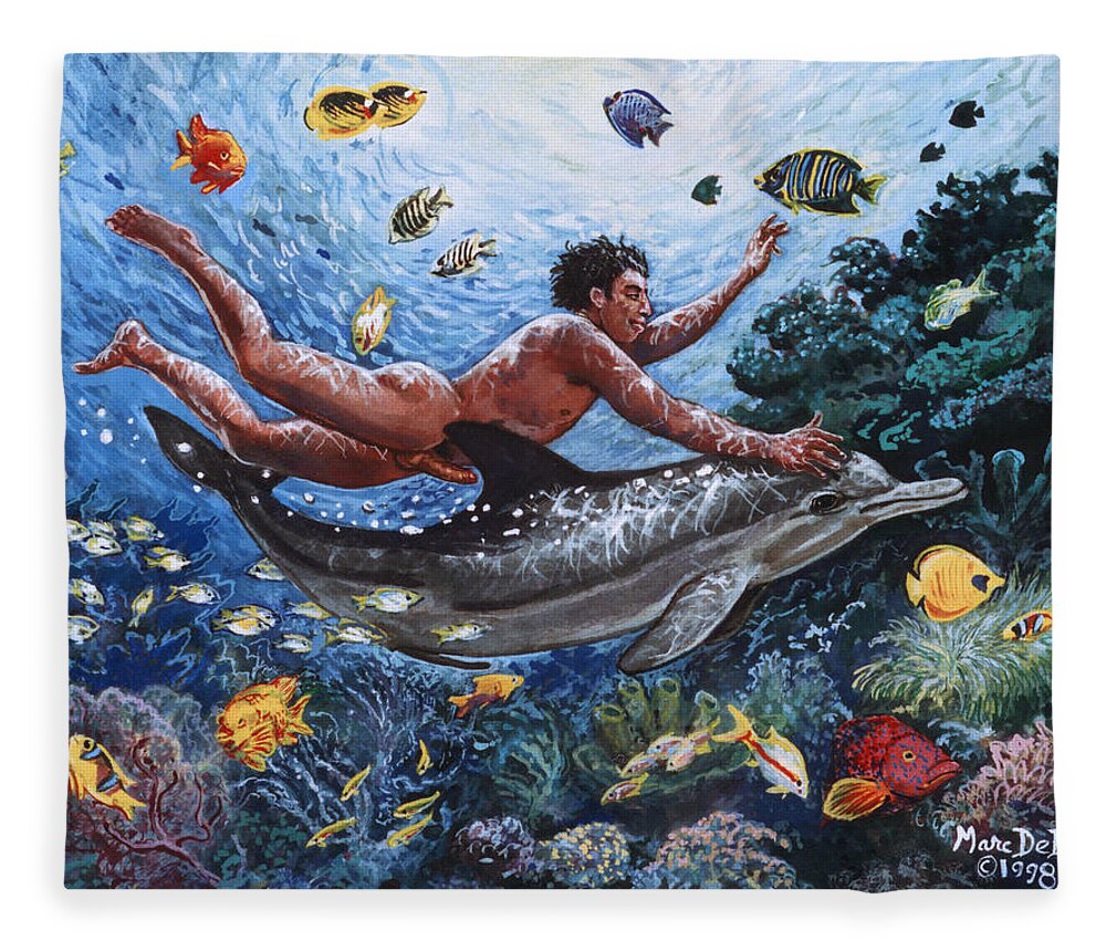 Coral Reef Fleece Blanket featuring the painting Dolphin Play by Marc DeBauch