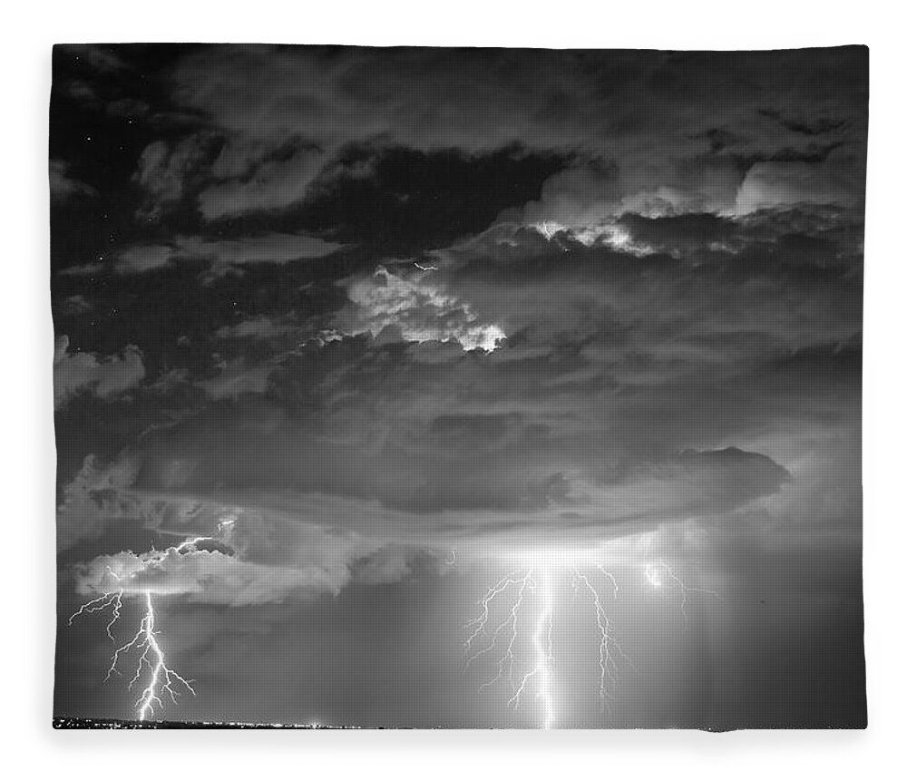 City Fleece Blanket featuring the photograph Double Lightning Strikes in Black and White by James BO Insogna