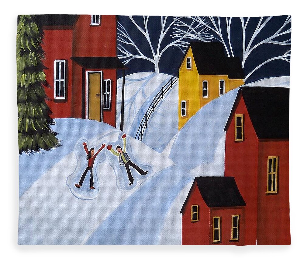 Folk Art Fleece Blanket featuring the painting Double Snow Angels - folk art landscape winter by Debbie Criswell