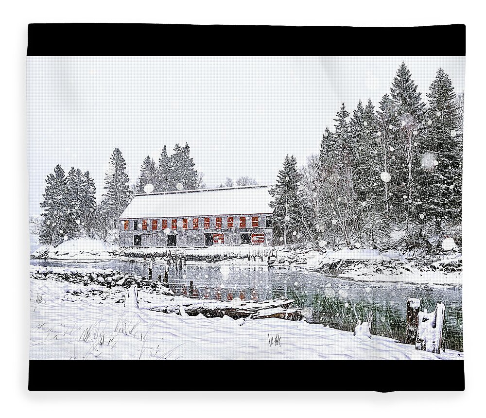 Down East Maine Smokehouse Snowscape Fleece Blanket featuring the photograph Down East Maine Smokehouse Snowscape by Marty Saccone