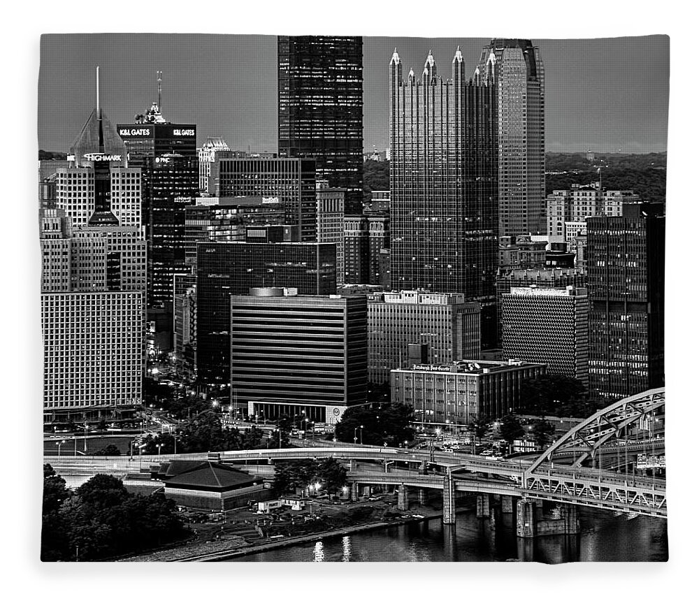 Pittsburgh Fleece Blanket featuring the photograph Downtown Pittsburgh at Twilight - Black and White by Mitch Spence