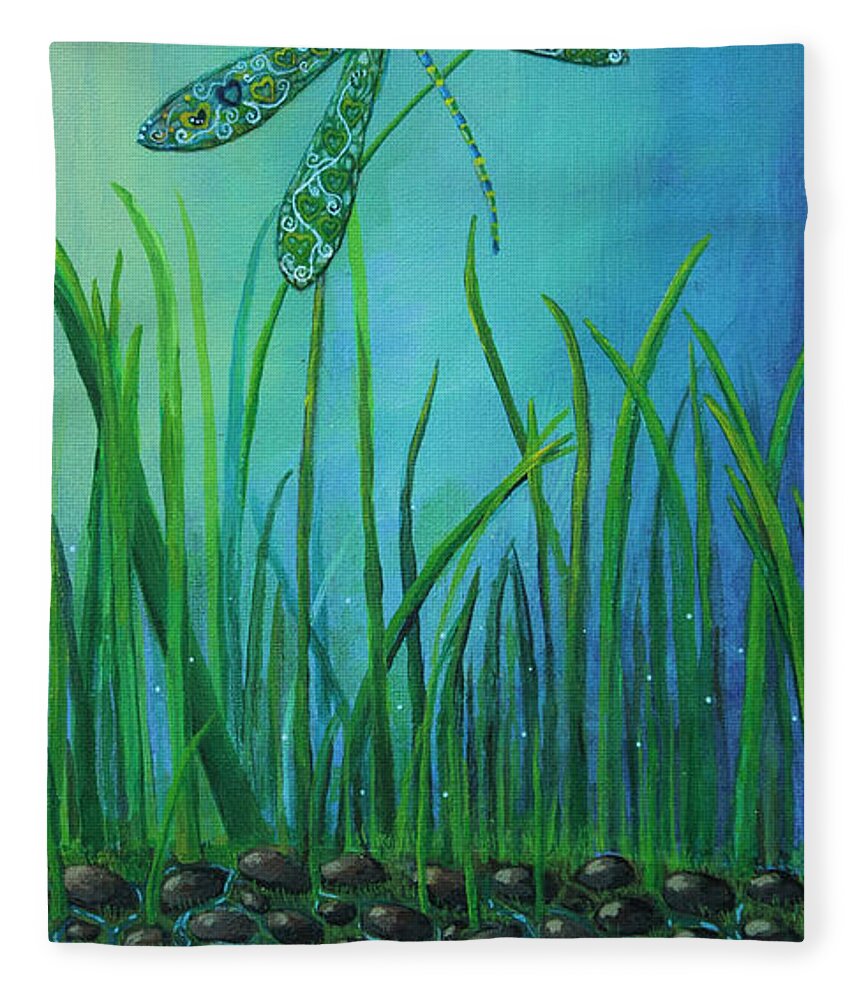 Dragon Fly Fleece Blanket featuring the painting Dragonfly at the Bay by Mindy Huntress