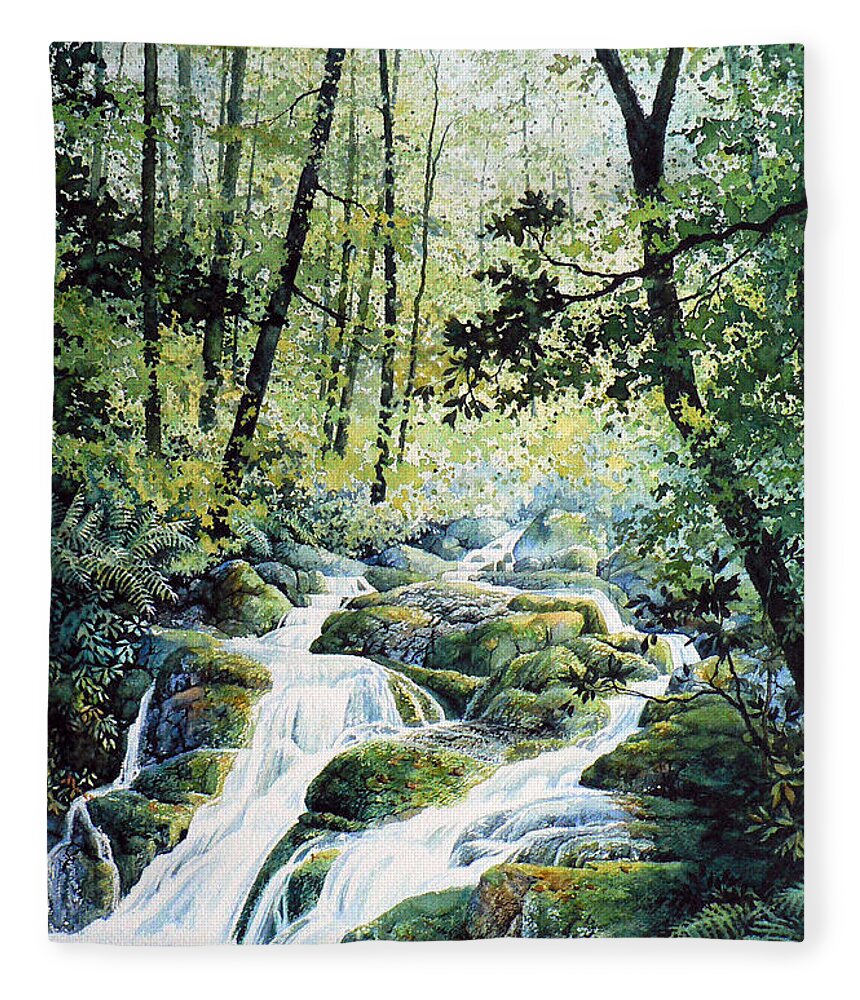 Forest Landscape Painting Fleece Blanket featuring the painting Dragonfly Creek by Hanne Lore Koehler