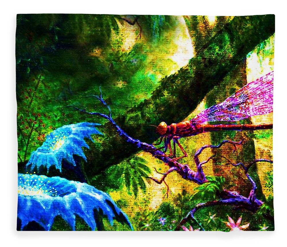 Dragonfly Fleece Blanket featuring the painting Dragonfly by Hartmut Jager