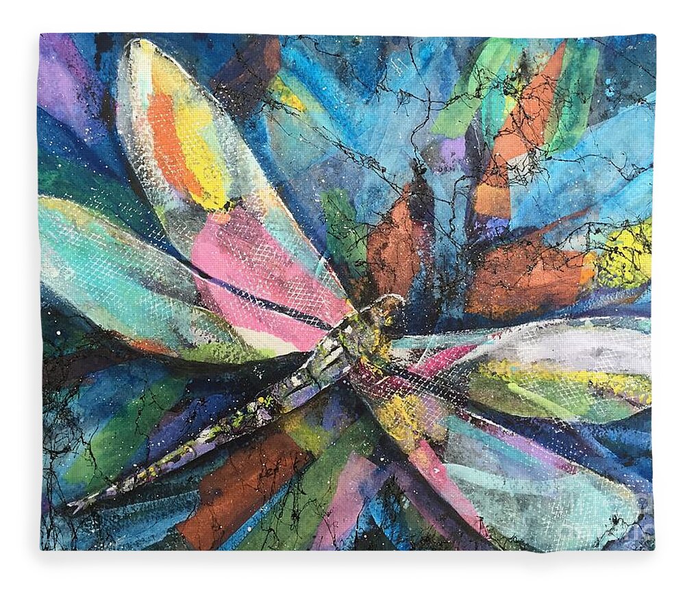 Multicolor Fleece Blanket featuring the painting Dragonfly Voyager by Midge Pippel