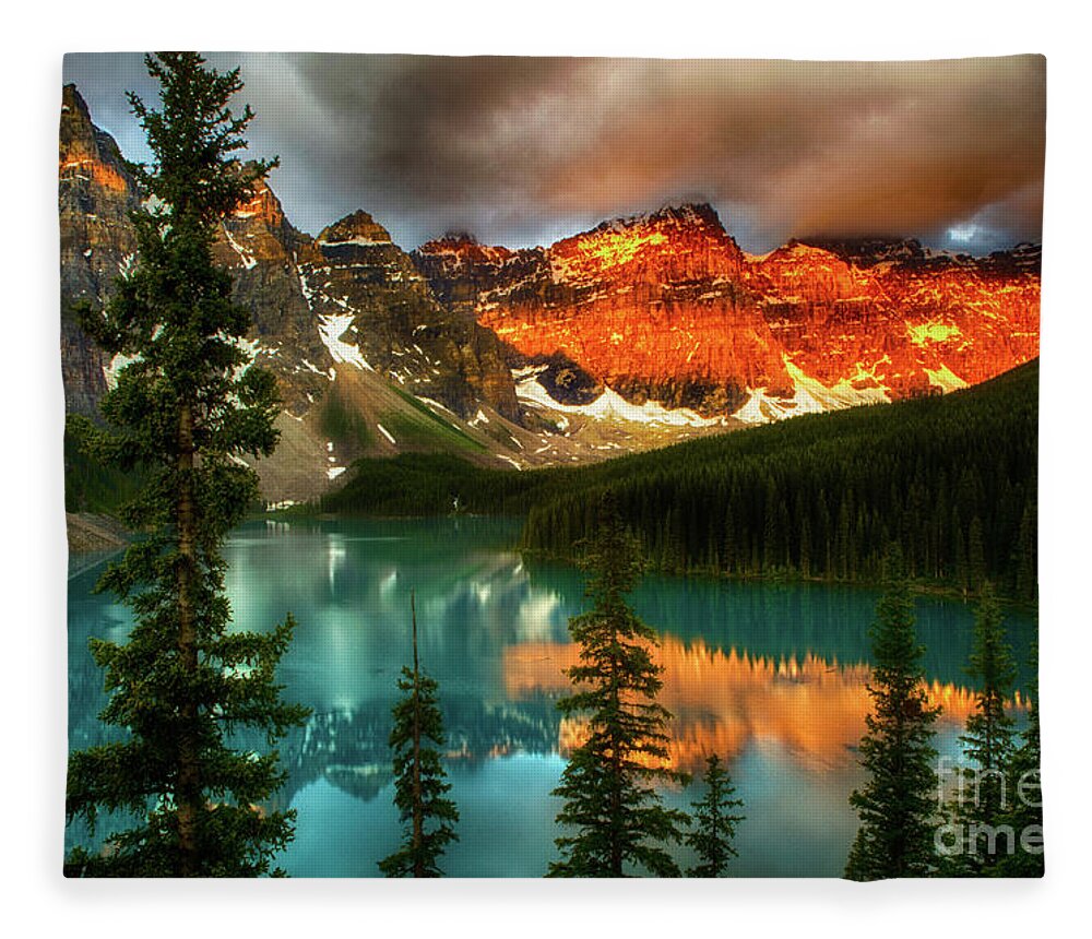 Moraine Lake Fleece Blanket featuring the photograph Drama Of The Canadian Rockies by Bob Christopher