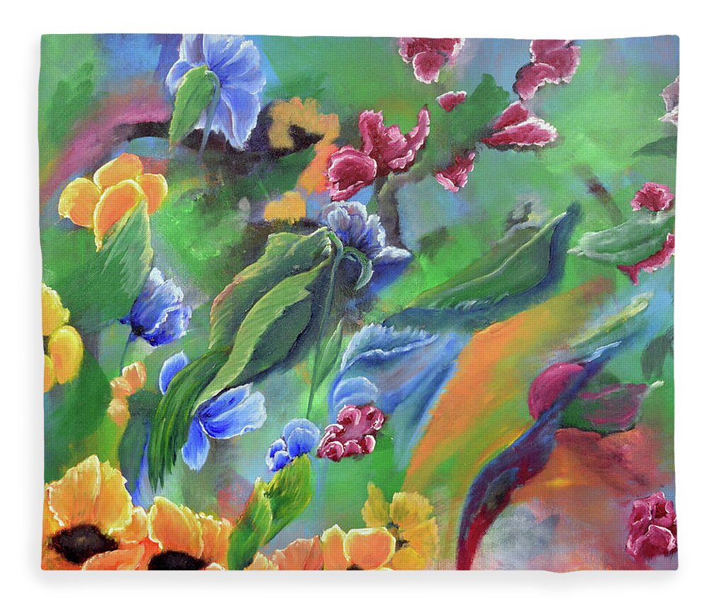 Acrylic Oil Mixed Media Art Canvas Abstract Flowers Colorful Beautiful Wall Decor Fleece Blanket featuring the painting Dream Field by Medea Ioseliani