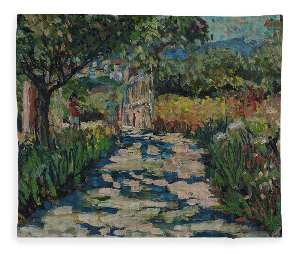 Painting Fleece Blanket featuring the painting Driveway to Neil Youngs villa on Skopelos by Peregrine Roskilly