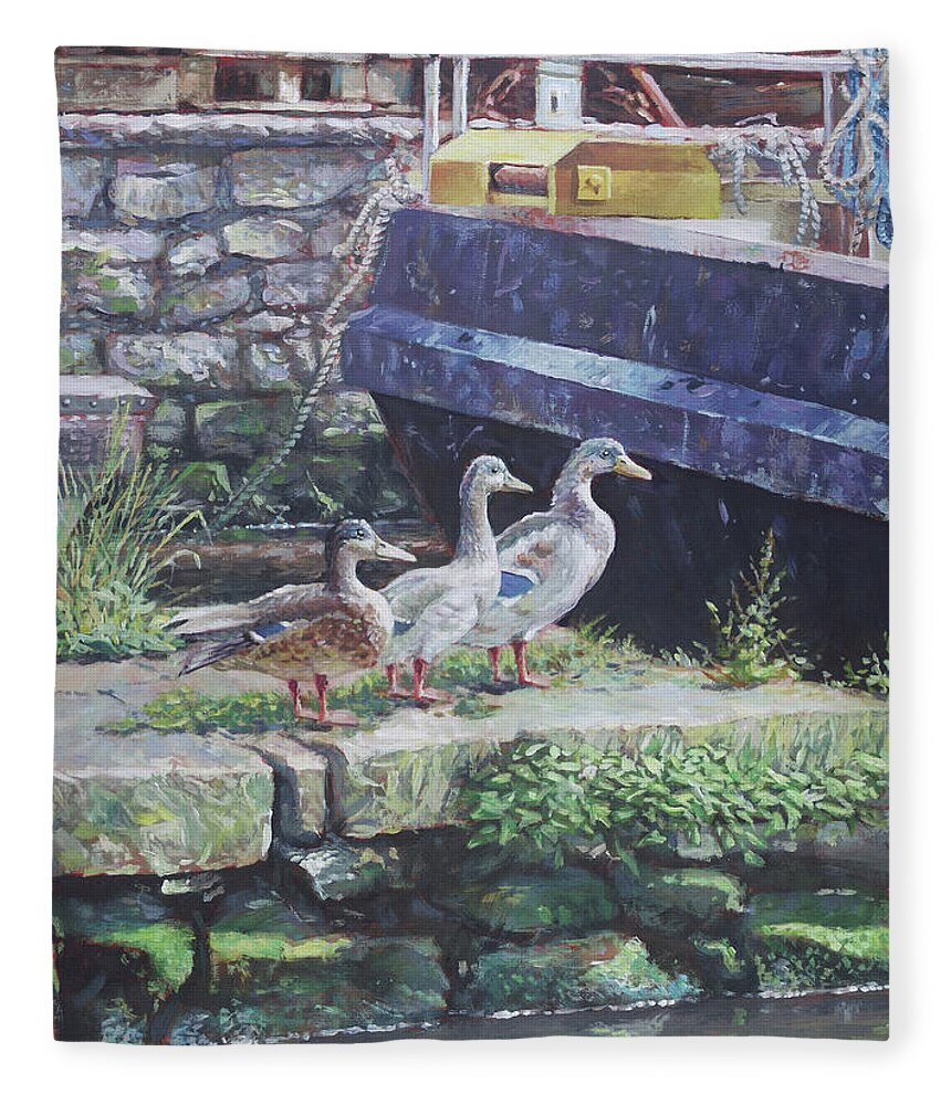 Ducks Fleece Blanket featuring the painting Ducks on dockside by Martin Davey