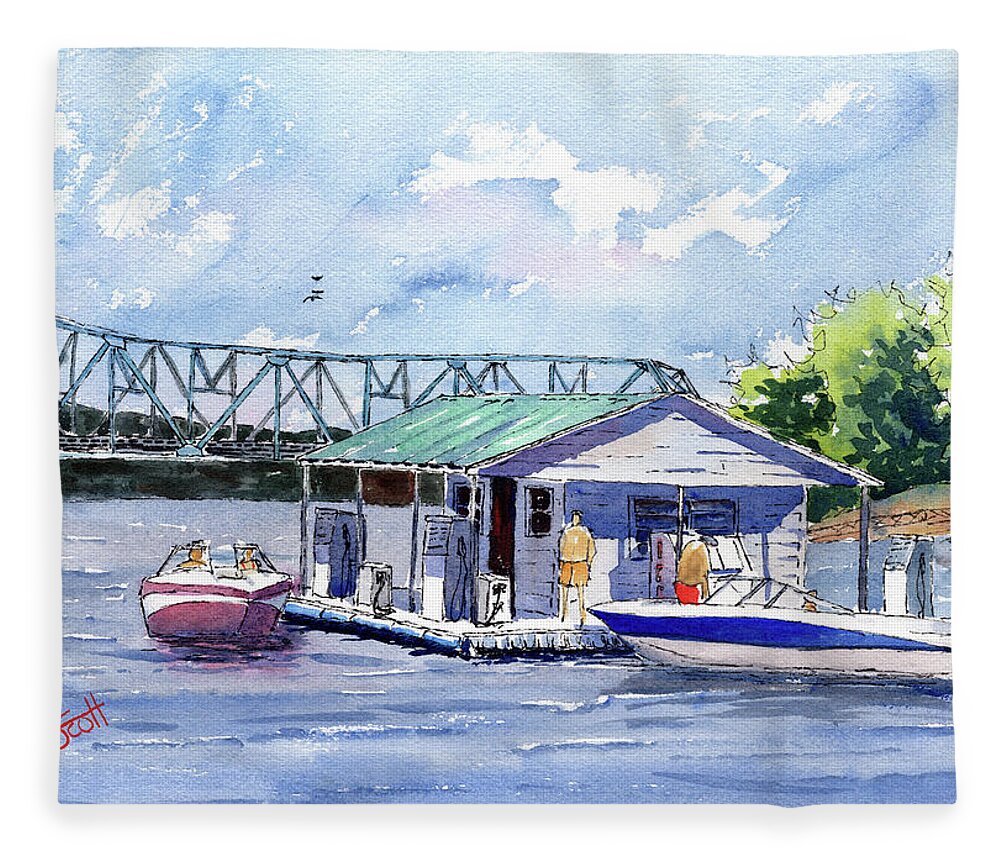 Boat Fleece Blanket featuring the painting Duncan Bridge Marina by Scott Brown