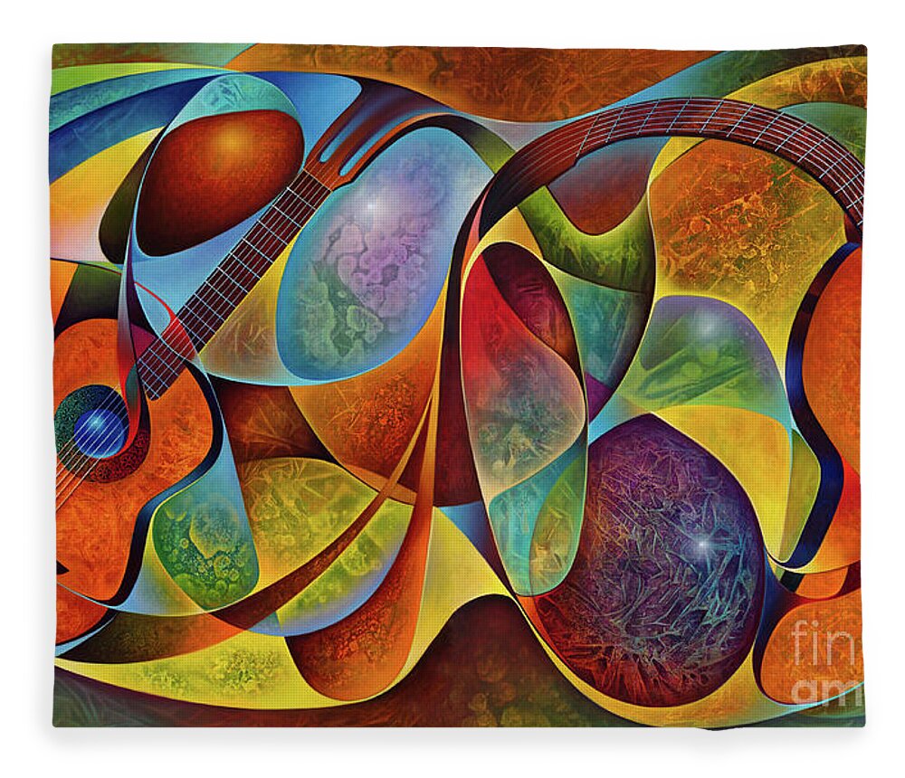 Dynamic Fleece Blanket featuring the painting Dynamic Guitars Diptych - 3D by Ricardo Chavez-Mendez