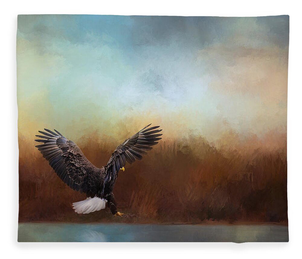 Jai Johnson Fleece Blanket featuring the photograph Eagle Hunting In The Marsh by Jai Johnson