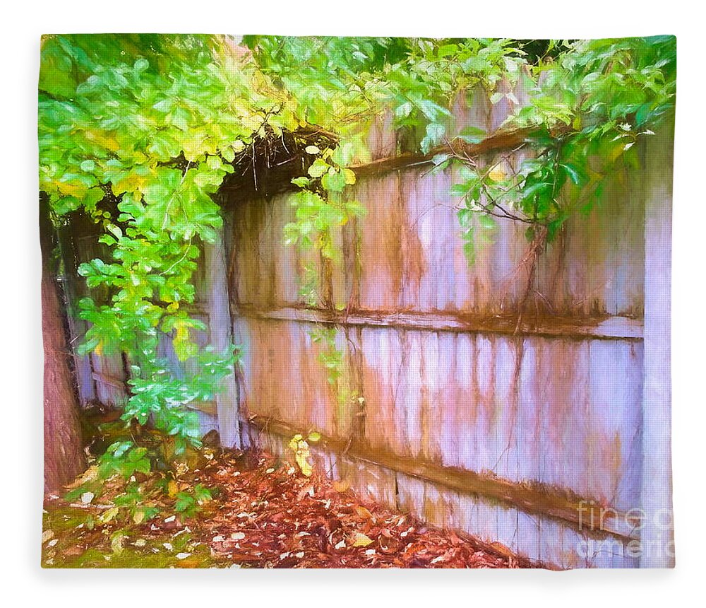 Landscape Fleece Blanket featuring the mixed media Early Autumn Fence and Vines by Susan Lafleur