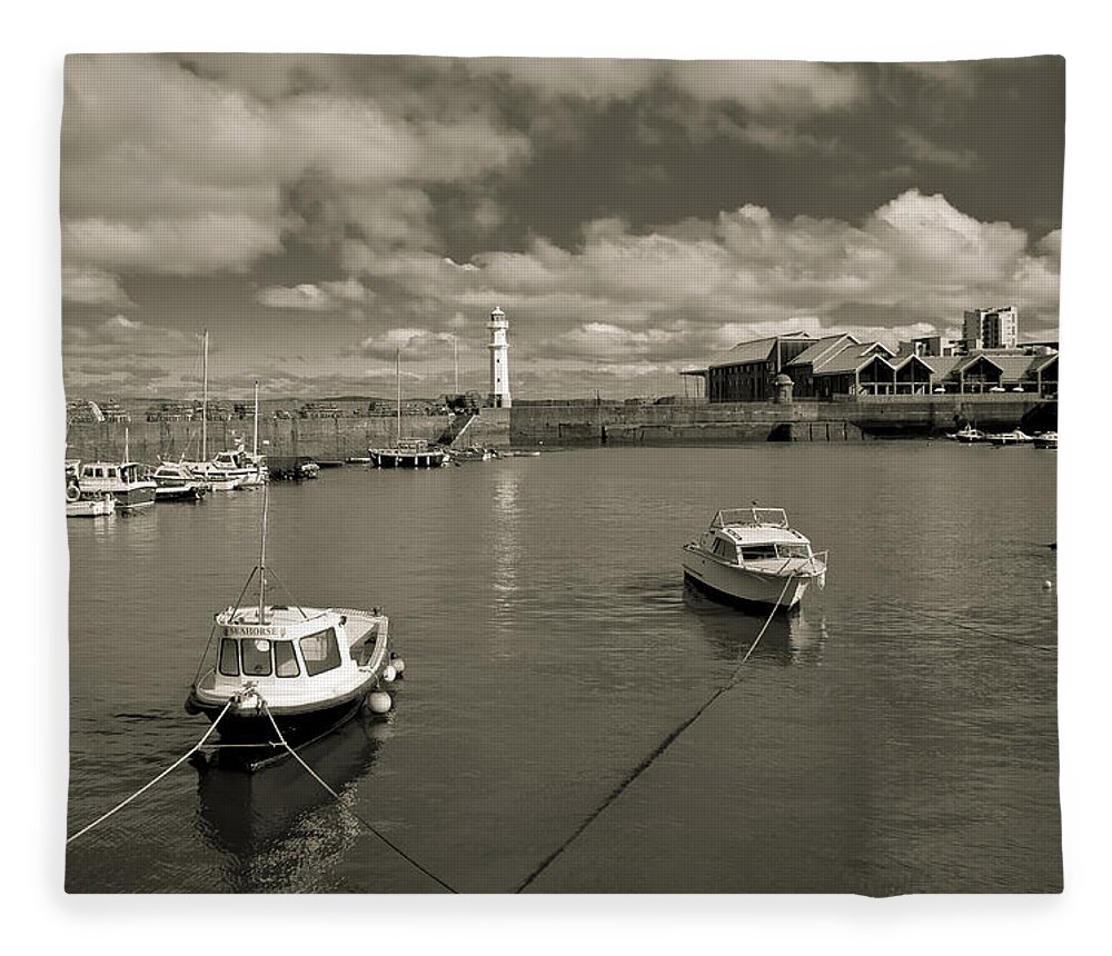 Edinburgh Fleece Blanket featuring the photograph Edinburgh Newhaven harbour and old lighthouse. Retro. by Elena Perelman