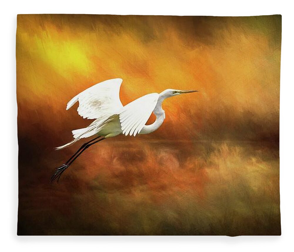 Great Egret Fleece Blanket featuring the photograph Egret in Flight by Randall Allen