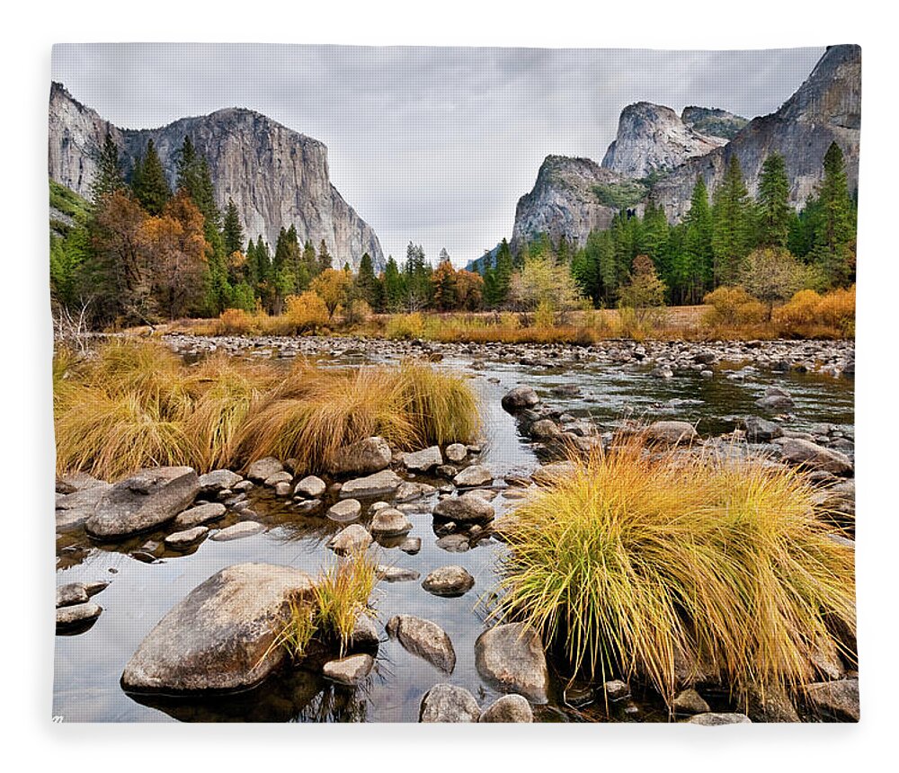 Autumn Fleece Blanket featuring the photograph El Capitan and the Merced River in the Fall by Jeff Goulden