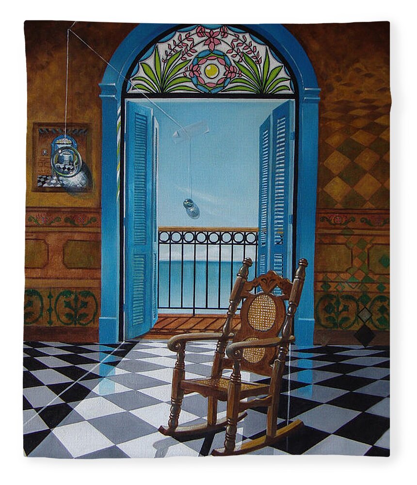 Spheres Fleece Blanket featuring the painting El sillon de abuelita by Roger Calle