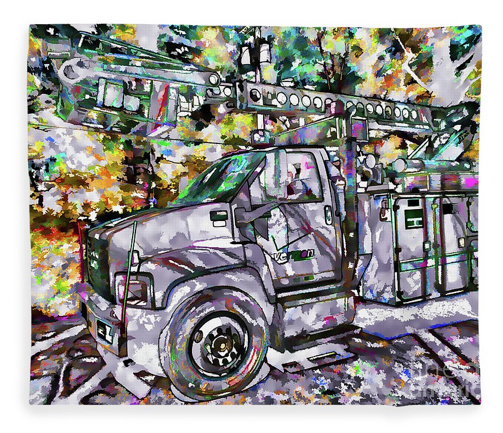 Electric Bucket Trucks Fleece Blanket featuring the painting Electric bucket trucks by Jeelan Clark