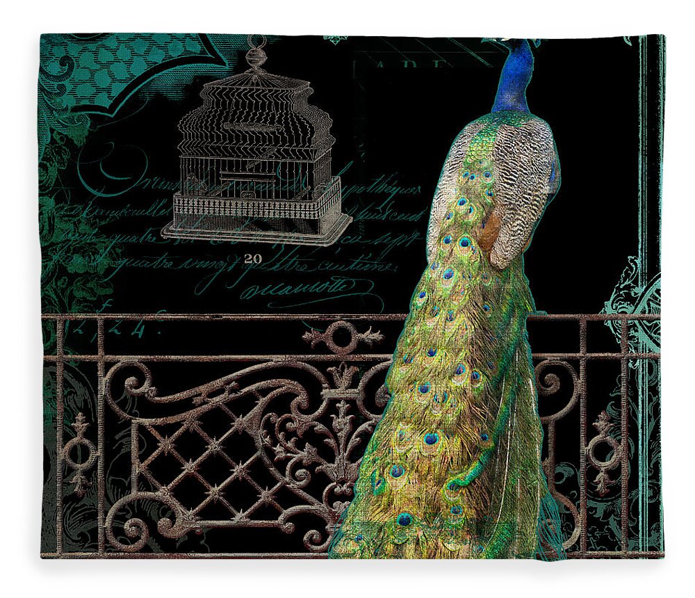 Regal Fleece Blanket featuring the mixed media Elegant Peacock Iron Fence w Vintage Scrolls 4 by Audrey Jeanne Roberts