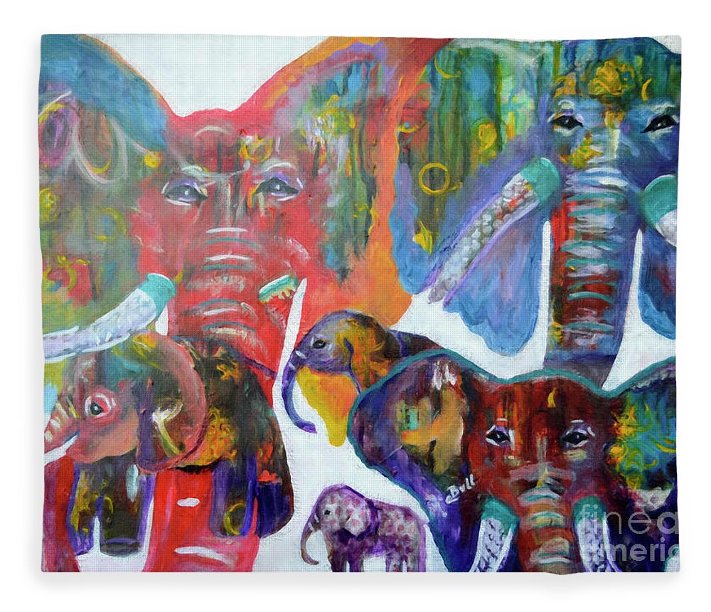Elephants Fleece Blanket featuring the painting Elephant Family by Claire Bull