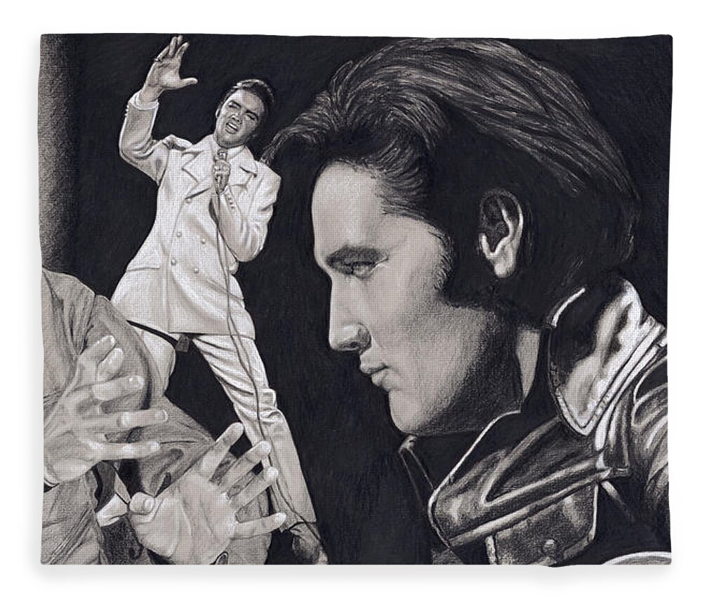 Elvis Fleece Blanket featuring the drawing Elvis in Charcoal #184, No title by Rob De Vries