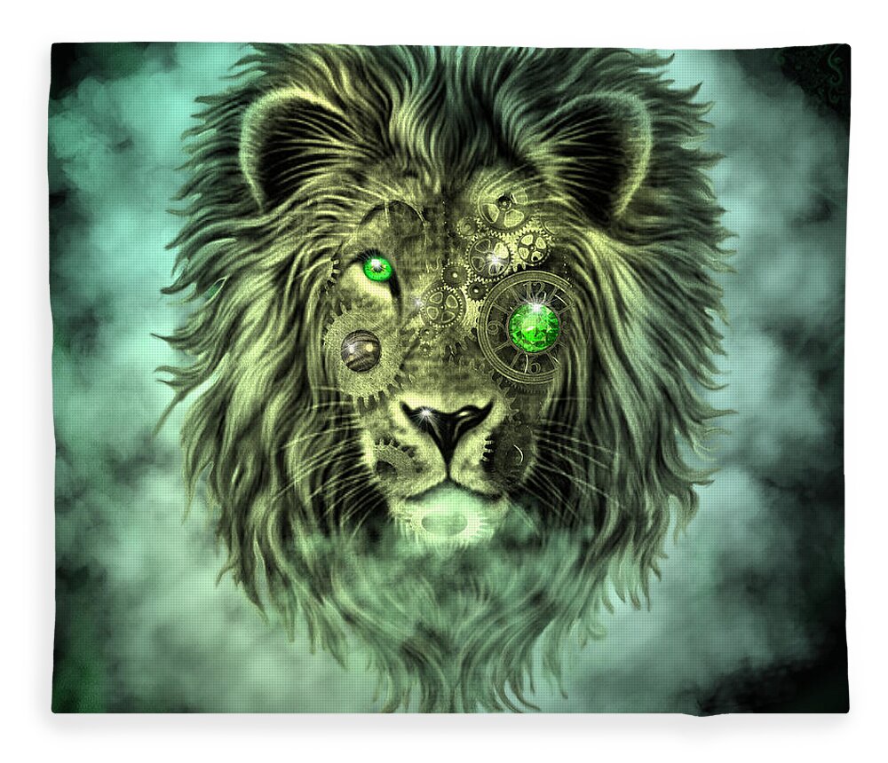 Digital Art Fleece Blanket featuring the digital art Emerald Steampunk Lion King by Artful Oasis