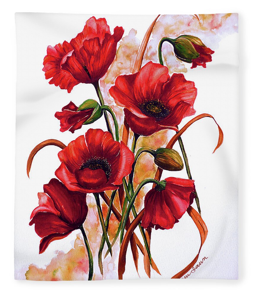 Red Poppies Paintings Floral Paintings Botanical Paintings Flower Paintings Poppy Paintings Field Poppy Painting Greeting Card Paintings Poster Print Painting Canvas Print Painting  Fleece Blanket featuring the painting English Poppies 2 #1 by Karin Dawn Kelshall- Best