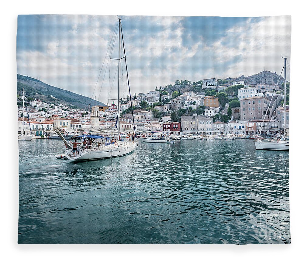 Aegis Fleece Blanket featuring the photograph entering port Hydra by Hannes Cmarits