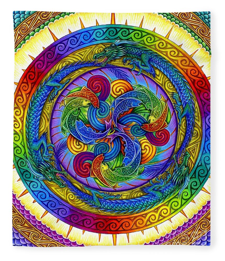 Dragon Fleece Blanket featuring the drawing Psychedelic Dragons Rainbow Mandala by Rebecca Wang