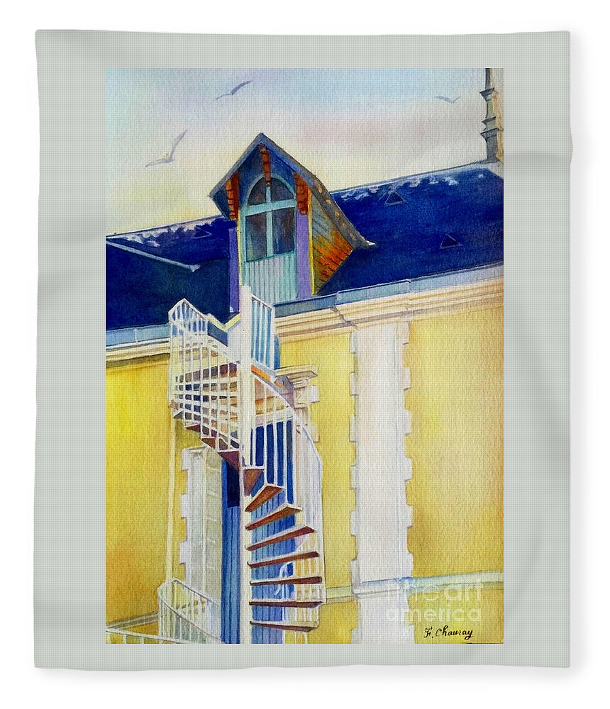 Escalier Fleece Blanket featuring the painting Escalier du Grenier by Francoise Chauray